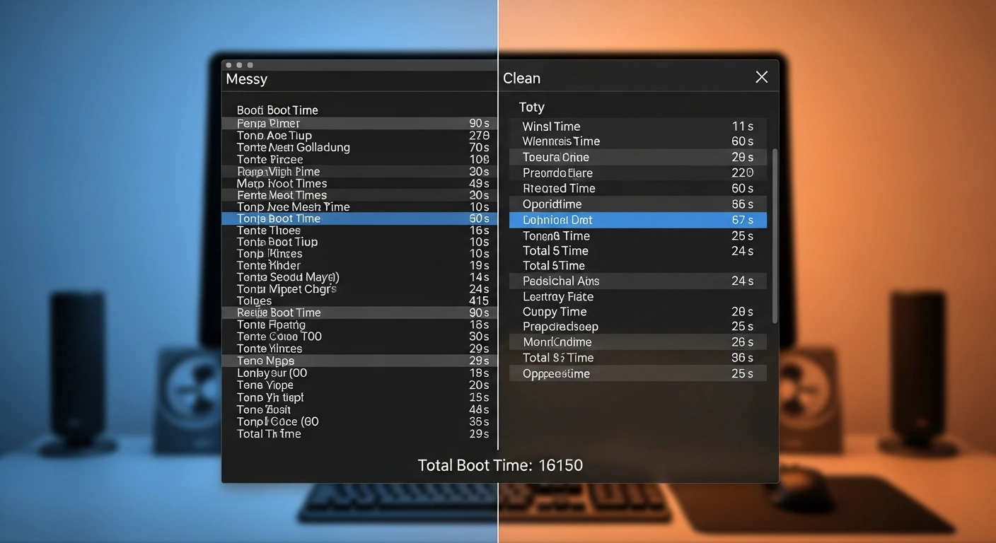 Split-screen – messy startup list vs clean one, with boot time clocks.