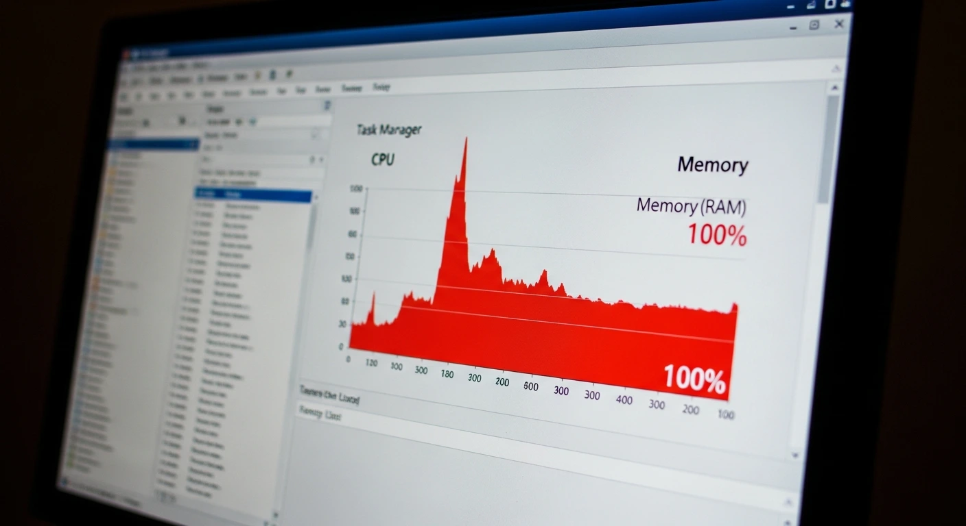 Task Manager with CPU/RAM spiked to 100%, red danger vibes.